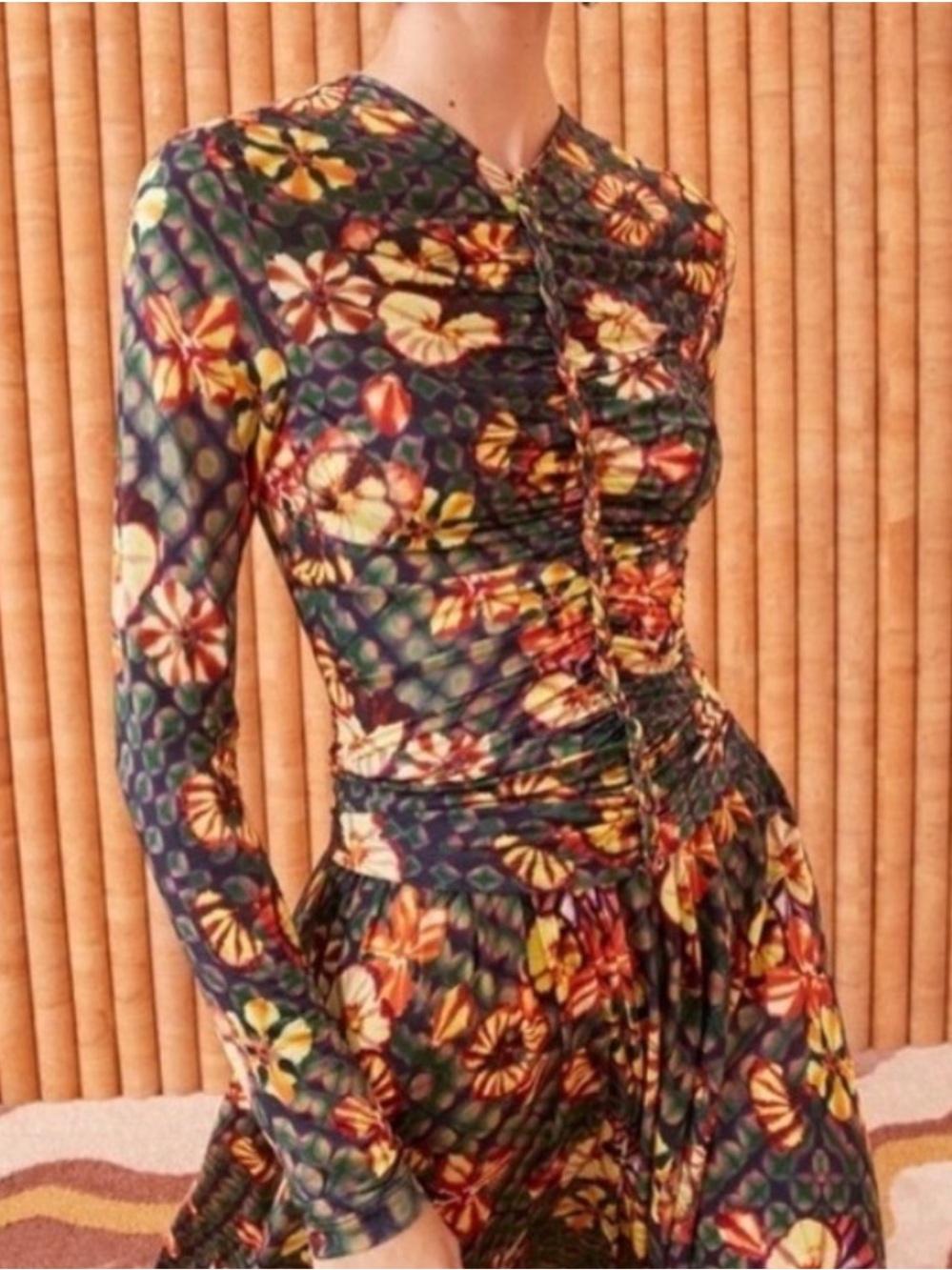 Floral Ruched Long-Sleeve Midi Dress - Green Multi